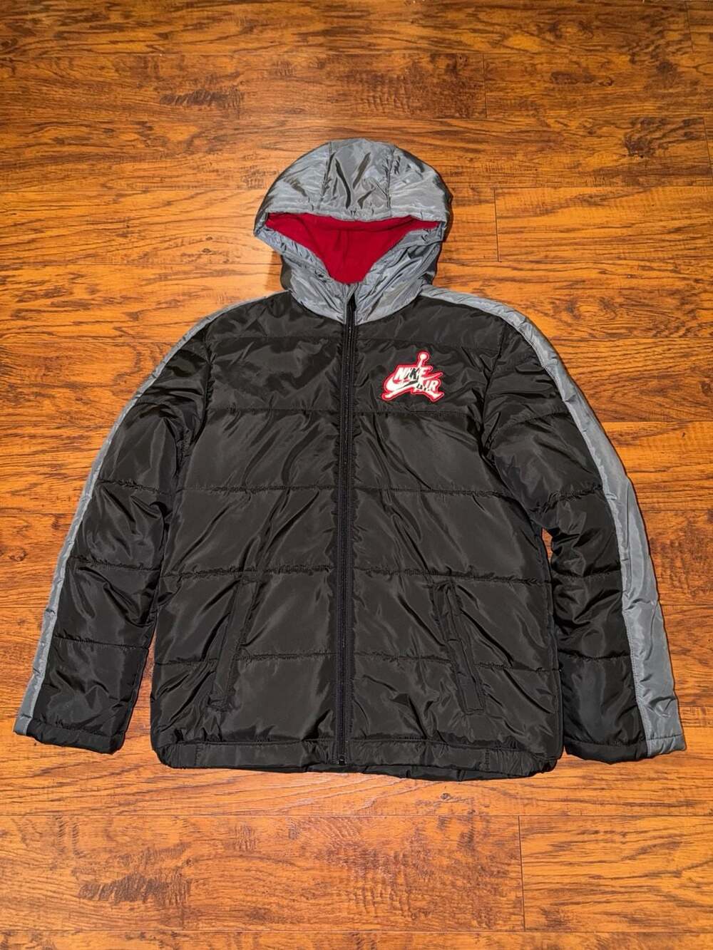 Nike Jordan Puffer Jacket Black Gray Red Fleece Hood